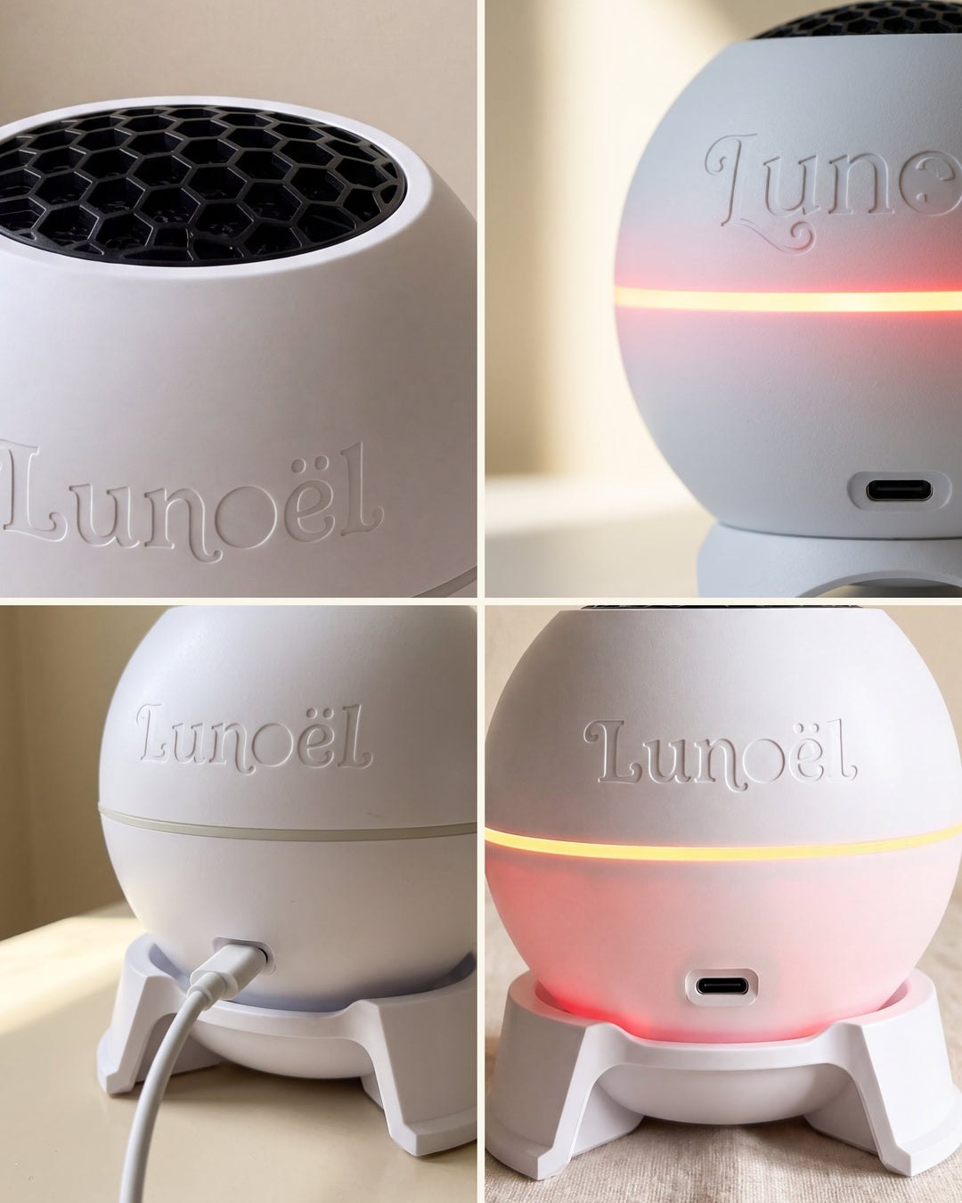 Gros plans : le nid d'abeille, l'anneau lumineux, le port USB-C et le berceau à trois pieds