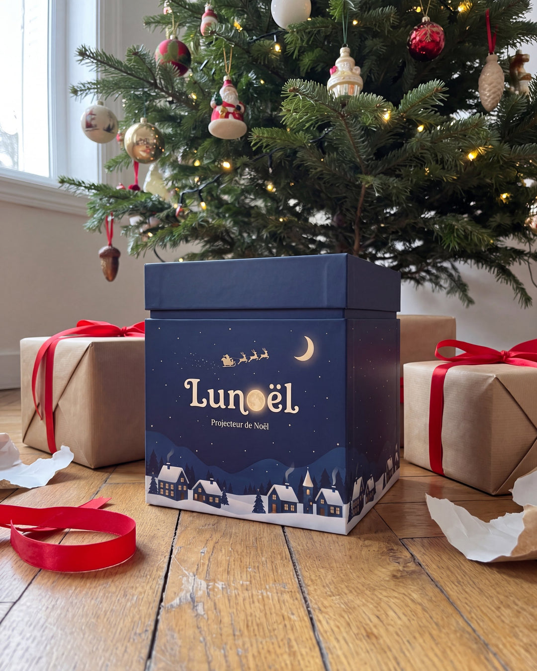 Le coffret Lunoël au pied du sapin, le matin de Noël